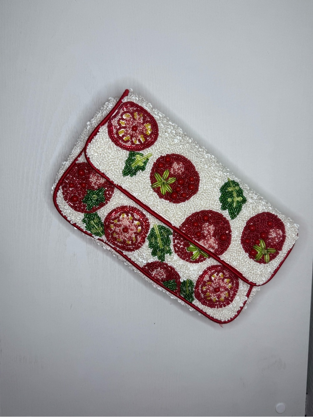Beaded White Clutch with Red & Green Floral Accents